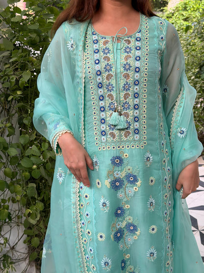 Blue Shade Noor Organza Silk Chikankari Straight Cut Kurta Dupatta Set