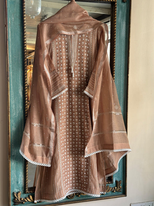 Coffee Brown Shade Mulmul Pearl White Chikankari Ready to Wear Kurta Set