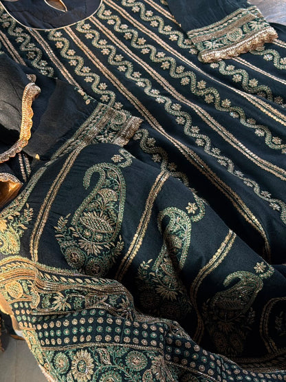 Roheen Black Moonga Silk Chikankari Anarkali With Dupatta