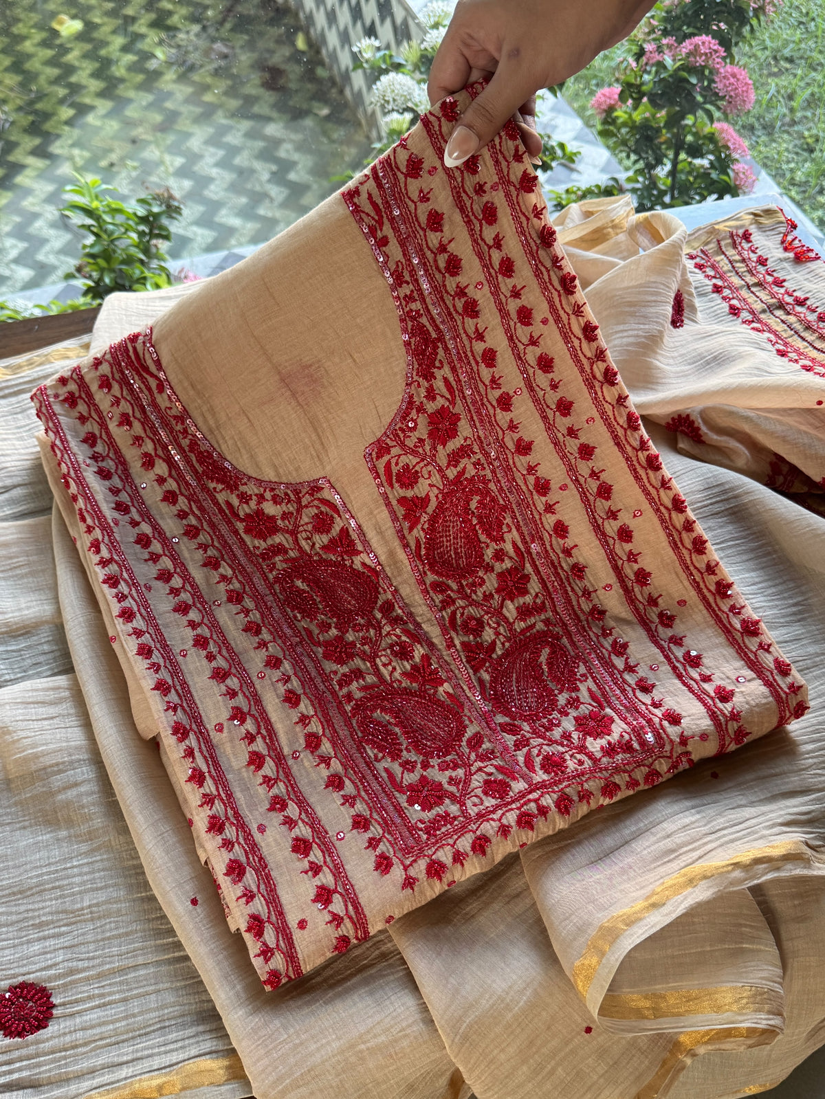 Beige & Red Mal Chanderi Silk Chikankari With Sequins Unstitched Kurta Dupatta Set