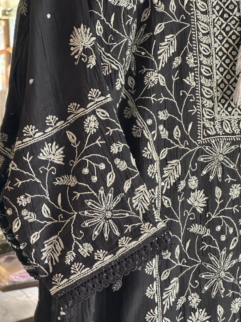 Black Mul Chanderi Chikankari Kurta Set with Pearl & Sequin Work