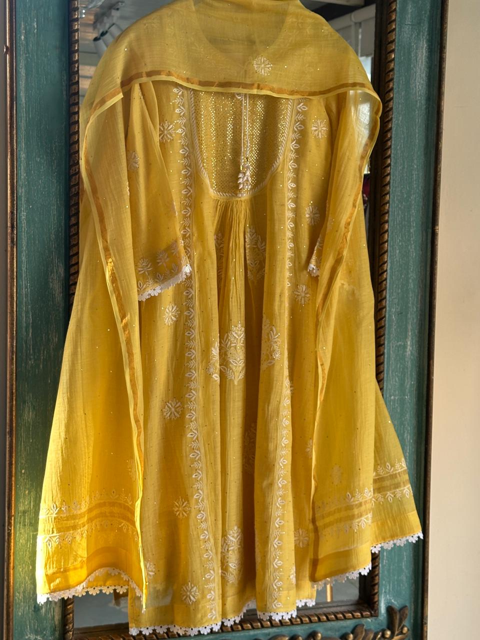 Yellow Mal Mukaish Kamdani Chikankari Kurta Dupatta Set