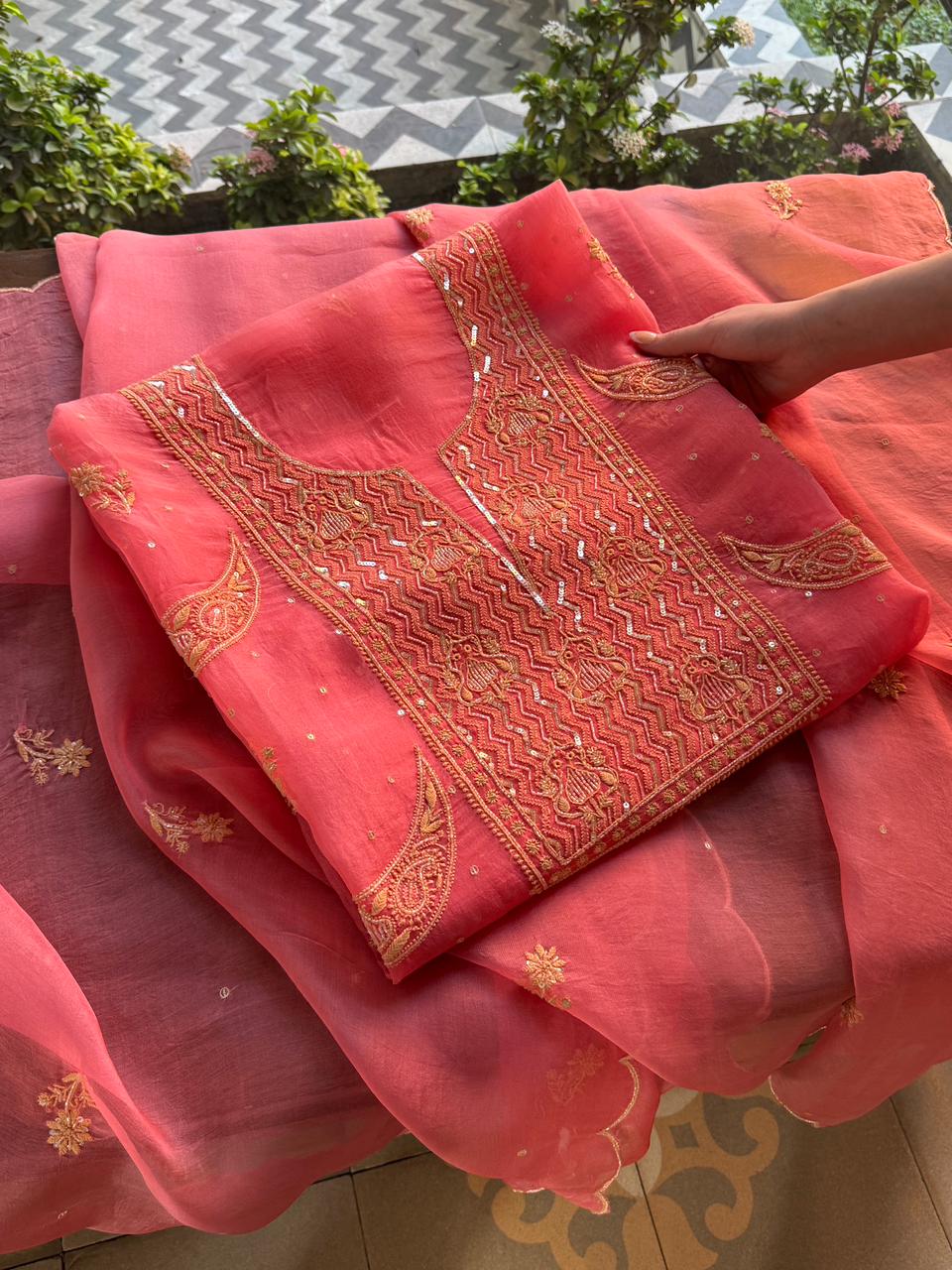 Peach Shade Noor Organza Silk Chikankari Unstitched Fabric