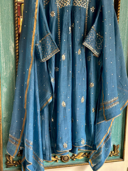 Blue Shade Mukaish Mul Chanderi Silk Dress