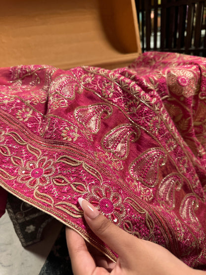 Hot Pink Tissue Silk Chikankari Unstitched Fabric