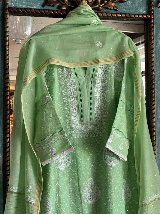 Green Shade Mulmul Pearl White Chikankari Ready to Wear Kurta Set