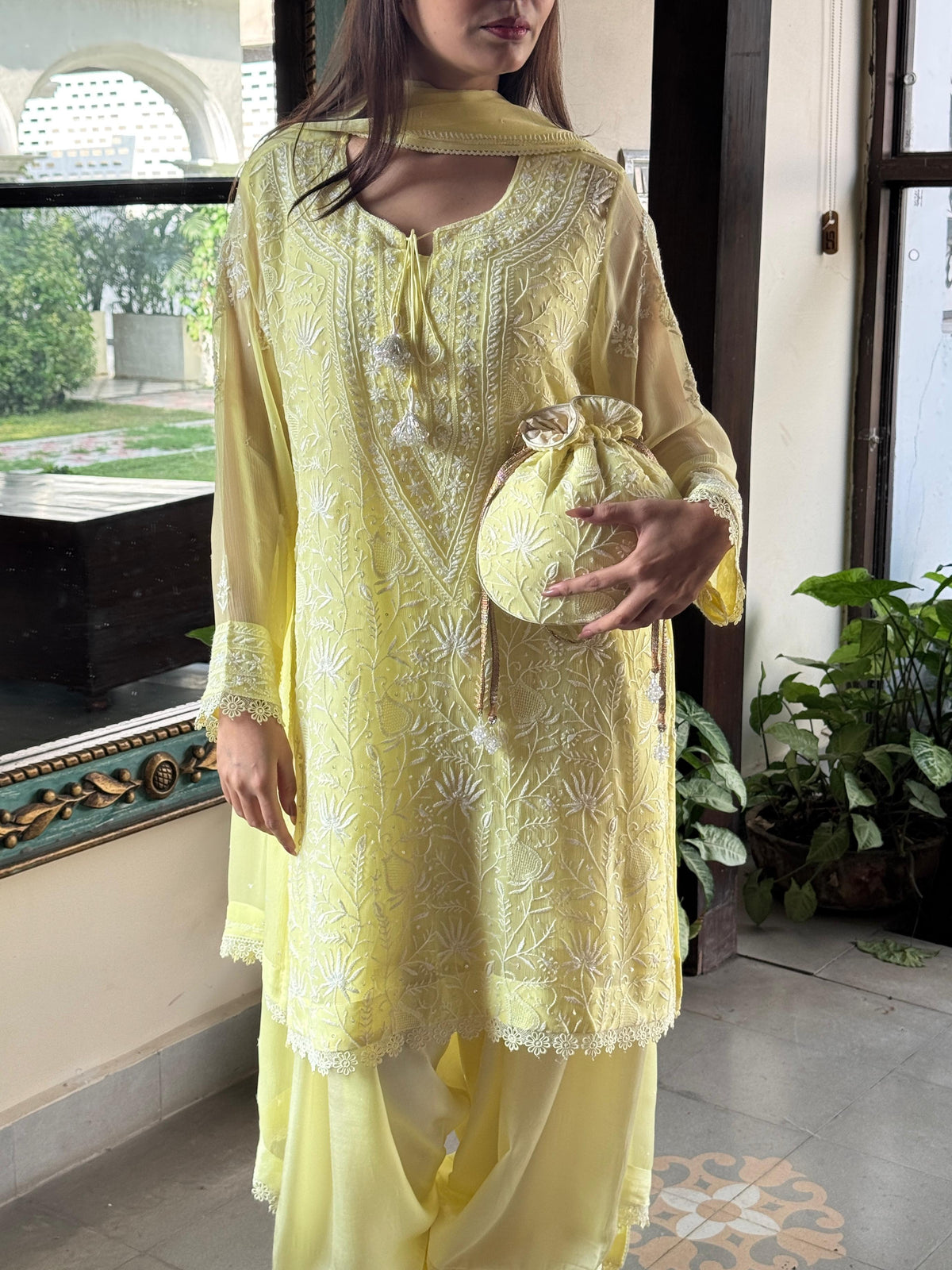 Chiffon Chikankari Sequinned Farshi Salwar with Potli Set