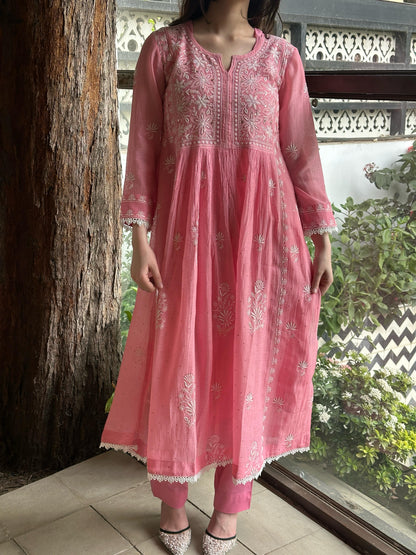Pink Shade Malmal Mukaish Kamdani Chikankari Kurta Set