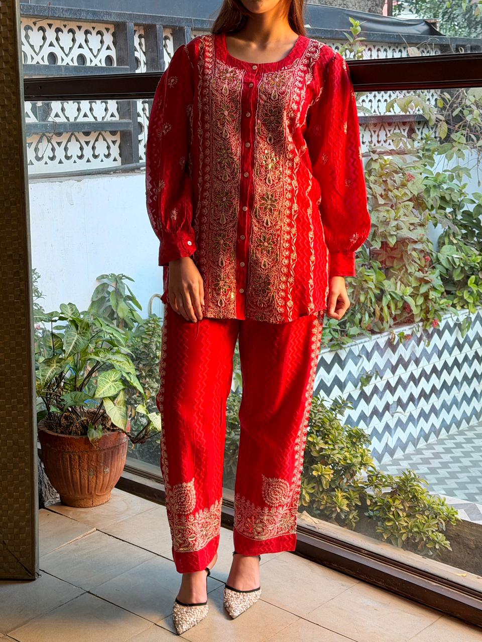 Crimson Red | Jacquard Sequins Chikankari Co-Ord Set