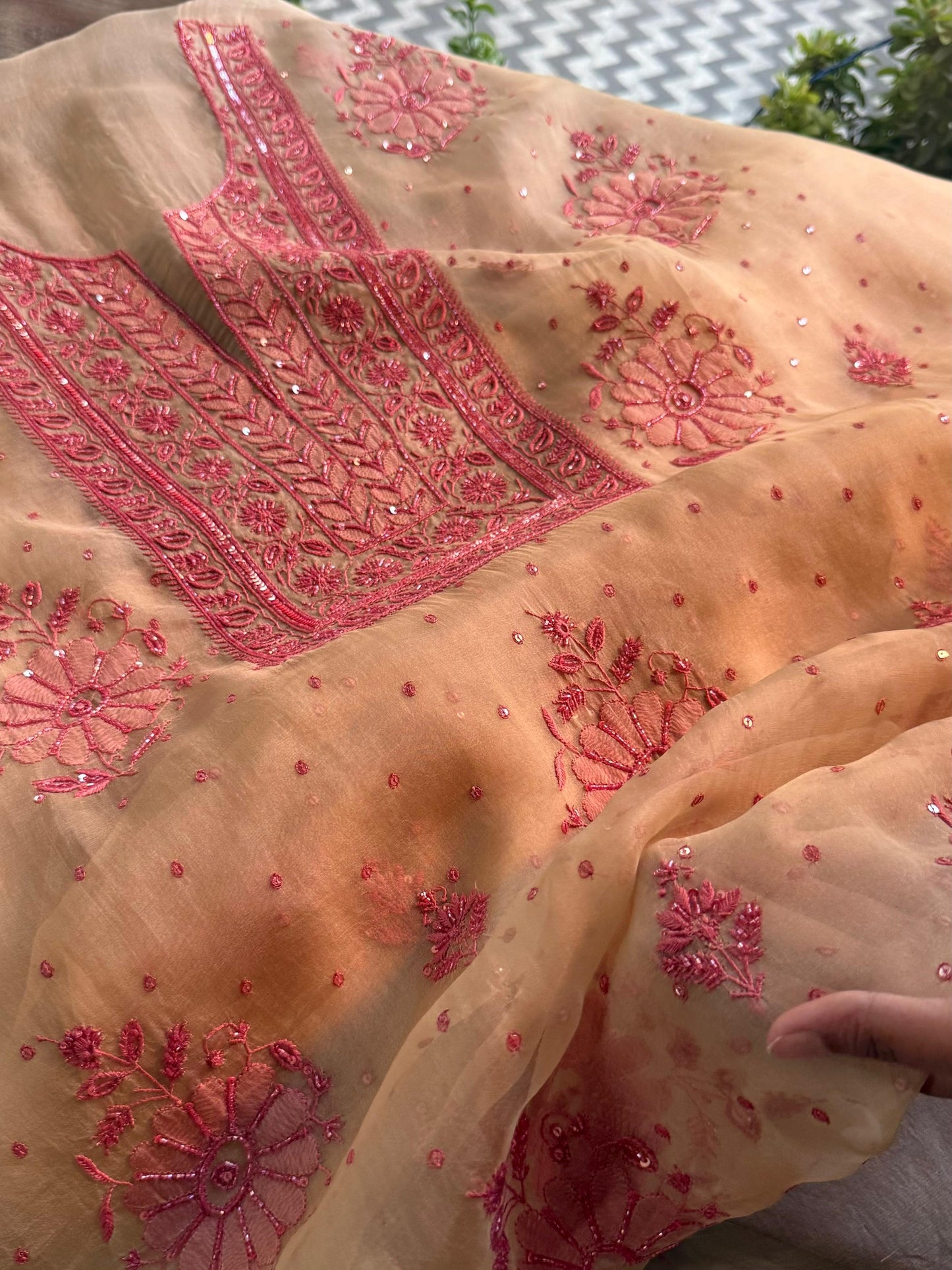 Beige Red Noor Organza Silk Chikankari Unstitched Kurta Dupatta Set