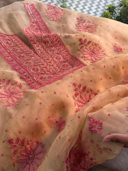 Beige Red Noor Organza Silk Chikankari Unstitched Kurta Dupatta Set