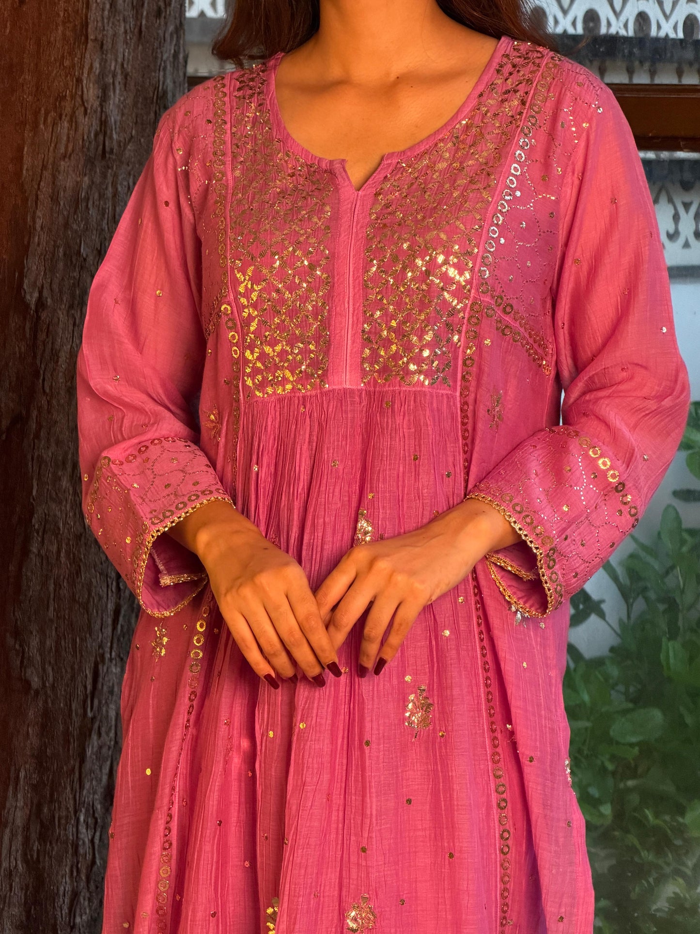 Deep Purple Mukaish Mul Chanderi Silk Ready To Wear Dress