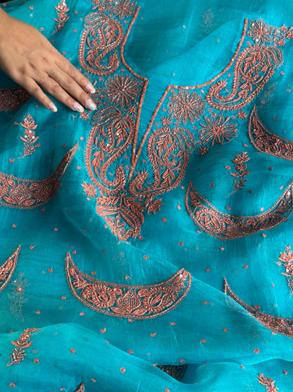 Peacock Blue Noor Organza Silk Chikankari Unstitched Kurta Dupatta Set