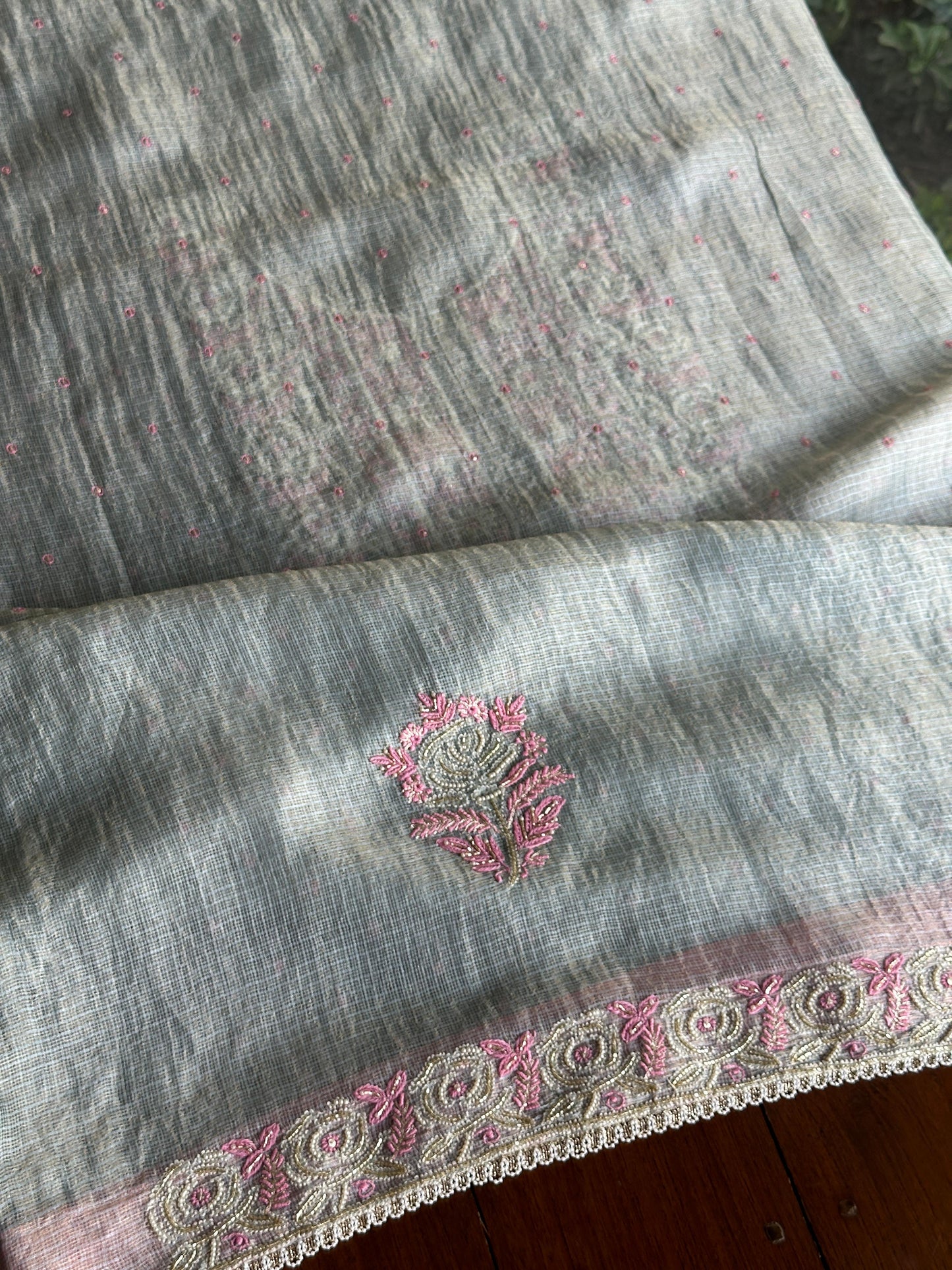 Smokey Grey Shade Tissue Kota Chikankari Unstitched Fabric