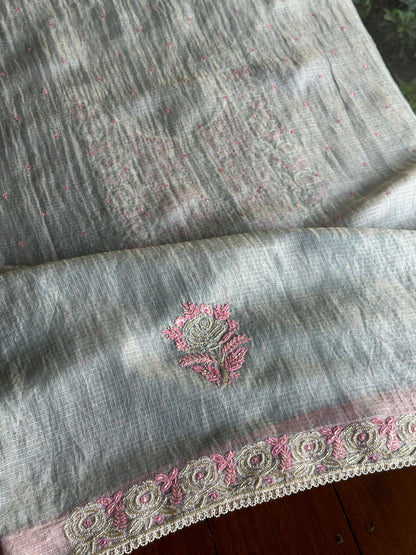 Smokey Grey Shade Tissue Kota Chikankari Unstitched Fabric