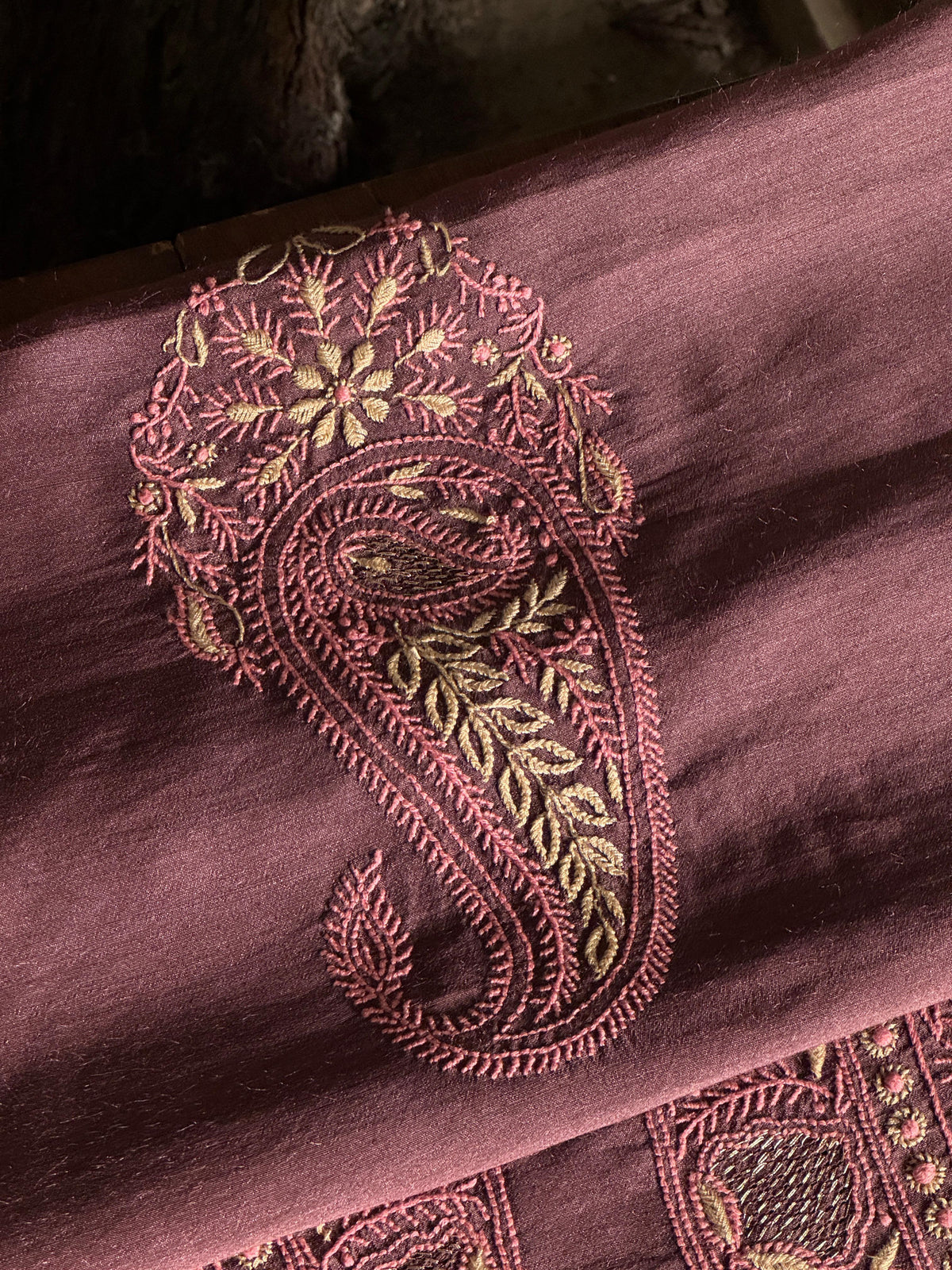 Wine Shade Moonga Silk Chikankari Men’s Kurta Fabric