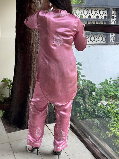 Deep Blush Pink Satin Shimmer Chikankari Co-Ord Set