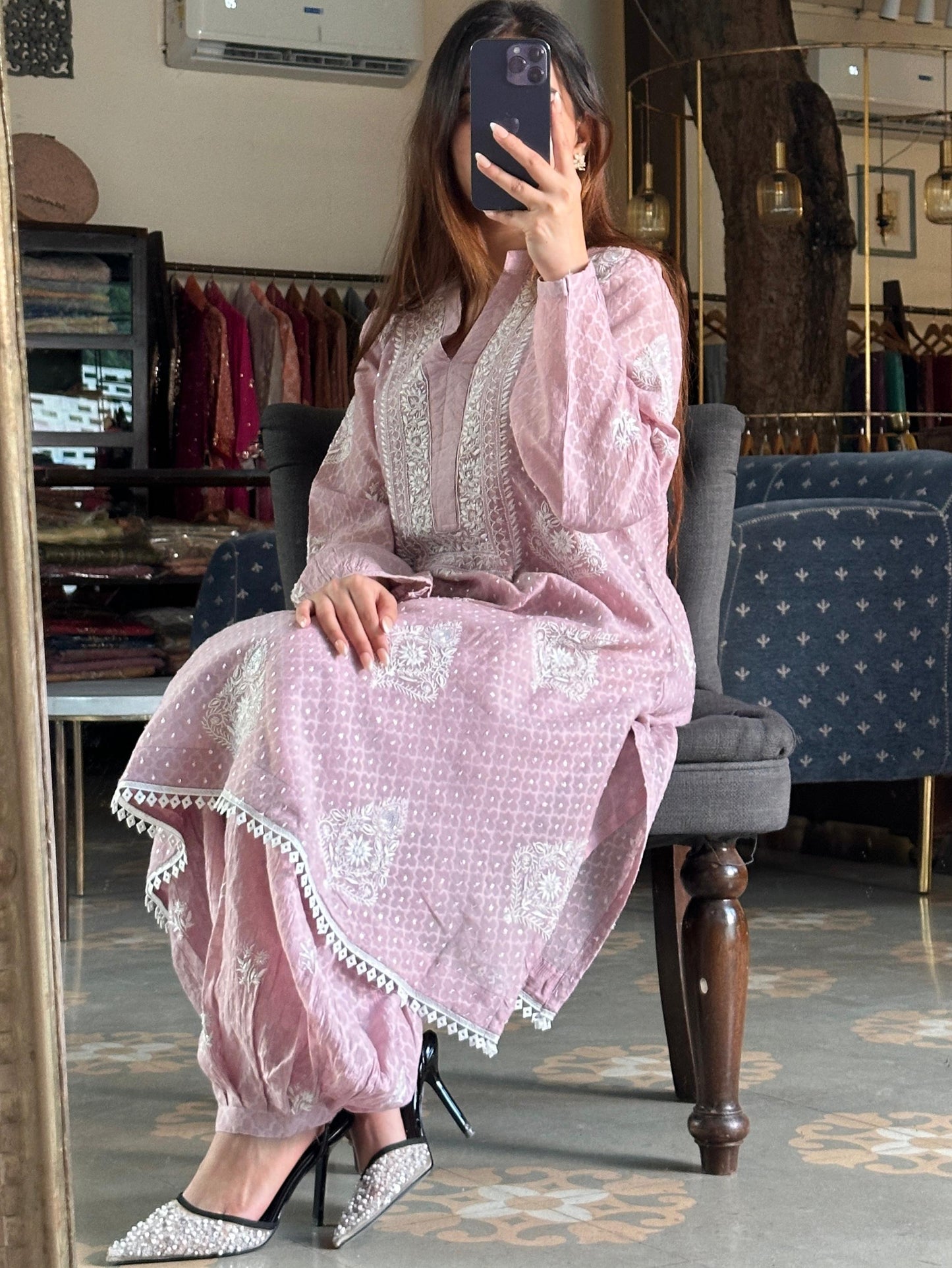 Dusty Lavender Jacquard Sequins Chikankari Co-Ord Set