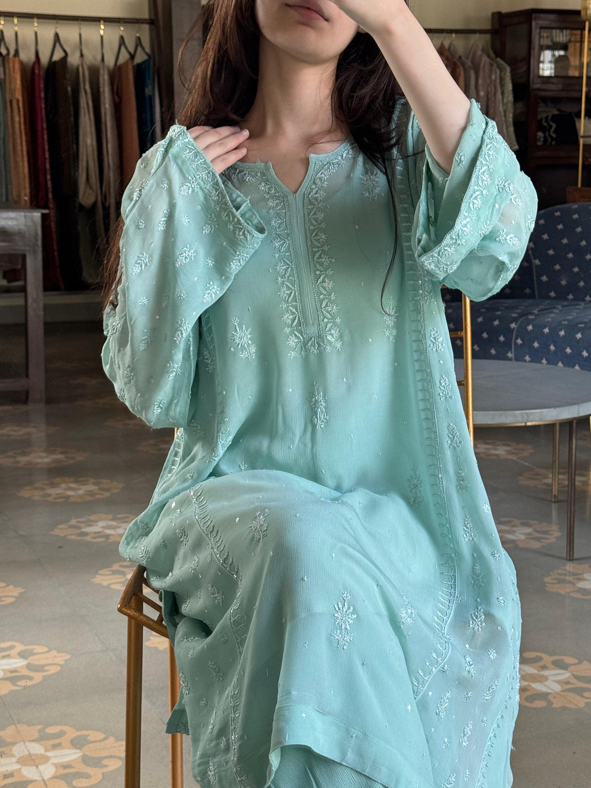Pastel Sea Green Chiffon Kurta with Afghani Salwar – Fine Chikankari Work