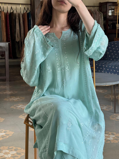 Pastel Sea Green Chiffon Kurta with Afghani Salwar – Fine Chikankari Work