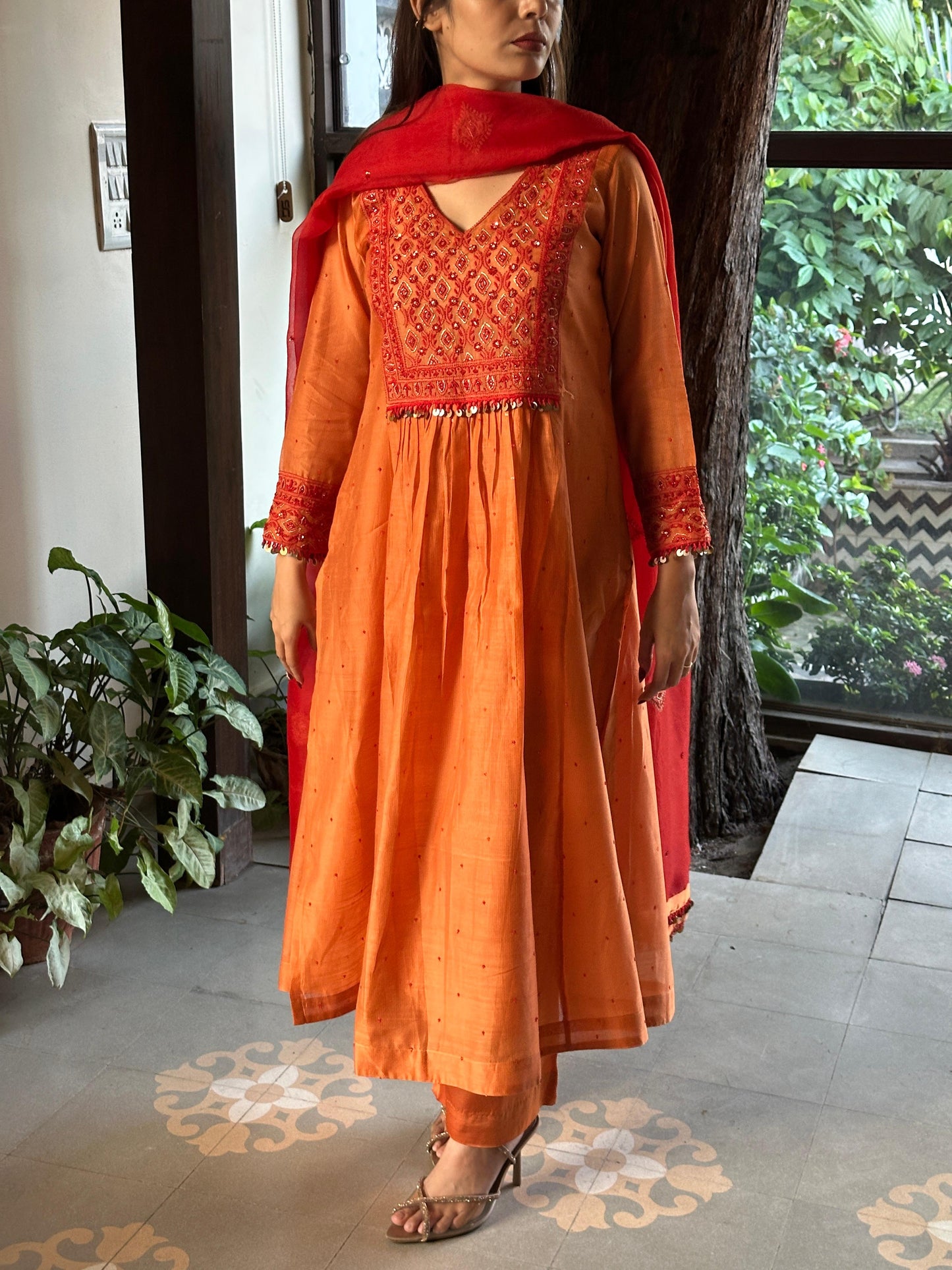 Rust Orange Sico (Silk Cotton) Chikankari Tux Kurta Set