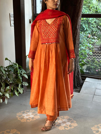 Rust Orange Sico (Silk Cotton) Chikankari Tux Kurta Set