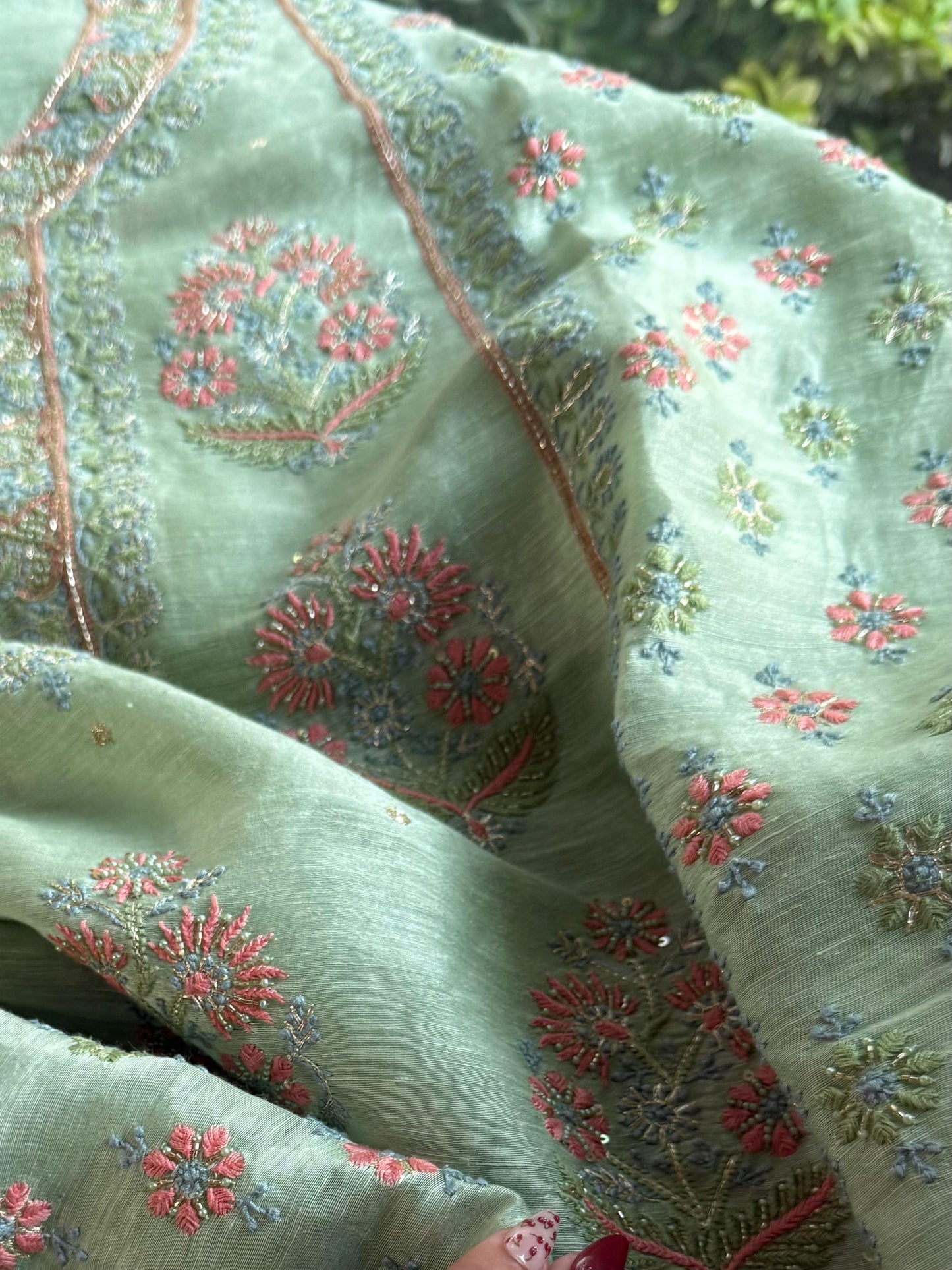Mint Green Linen Silk Chikankari With Ari Work Unstitched Kurta Dupatta Set