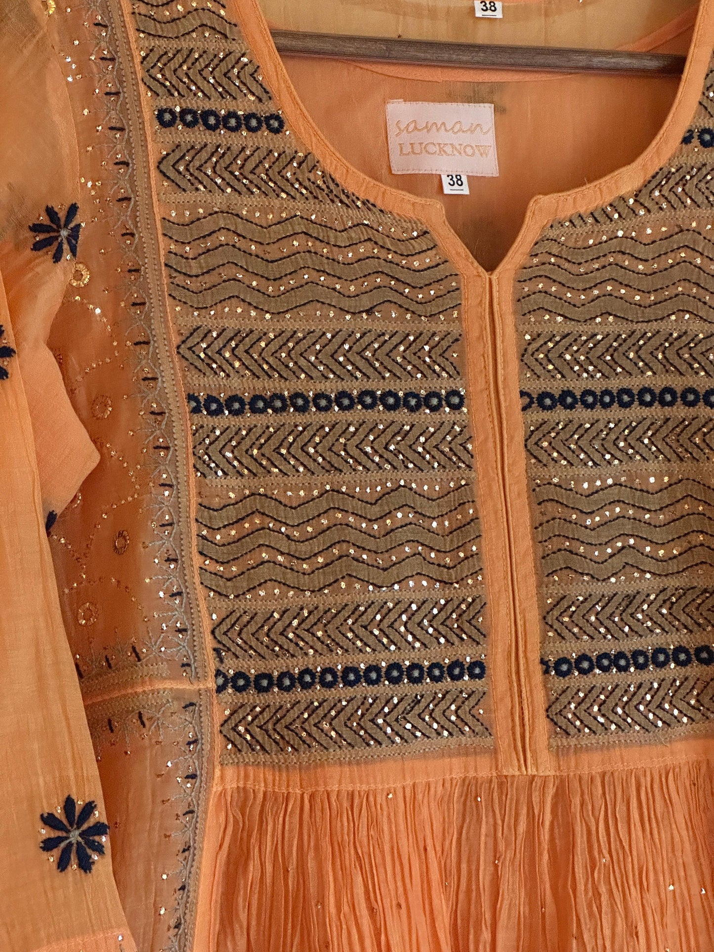 Orange Blue Malmal Mukaish Kamdani Chikankari Stitched Kurta Dupatta Set
