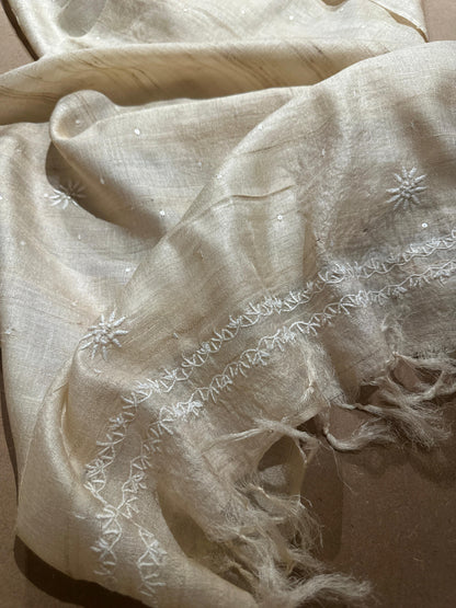Semi Stitched Natural Shade Tussar Silk Chikankari Kurta Dupatta Sets