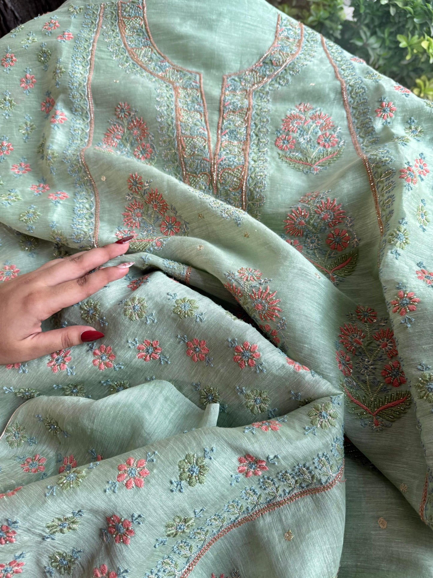 Mint Green Linen Silk Chikankari With Ari Work Unstitched Kurta Dupatta Set