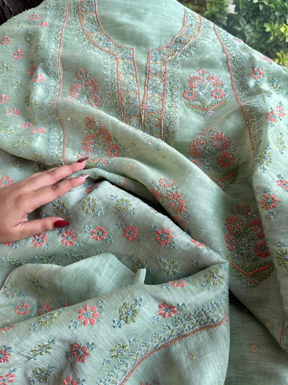 Mint Green Linen Silk Chikankari With Ari Work Unstitched Kurta Dupatta Set