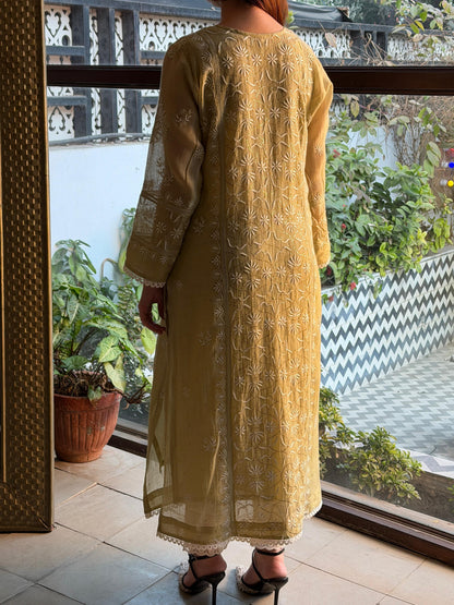 Olive Green Mul Chanderi Mukaish Kamdani Chikankari Stitched Kurta Dupatta Set