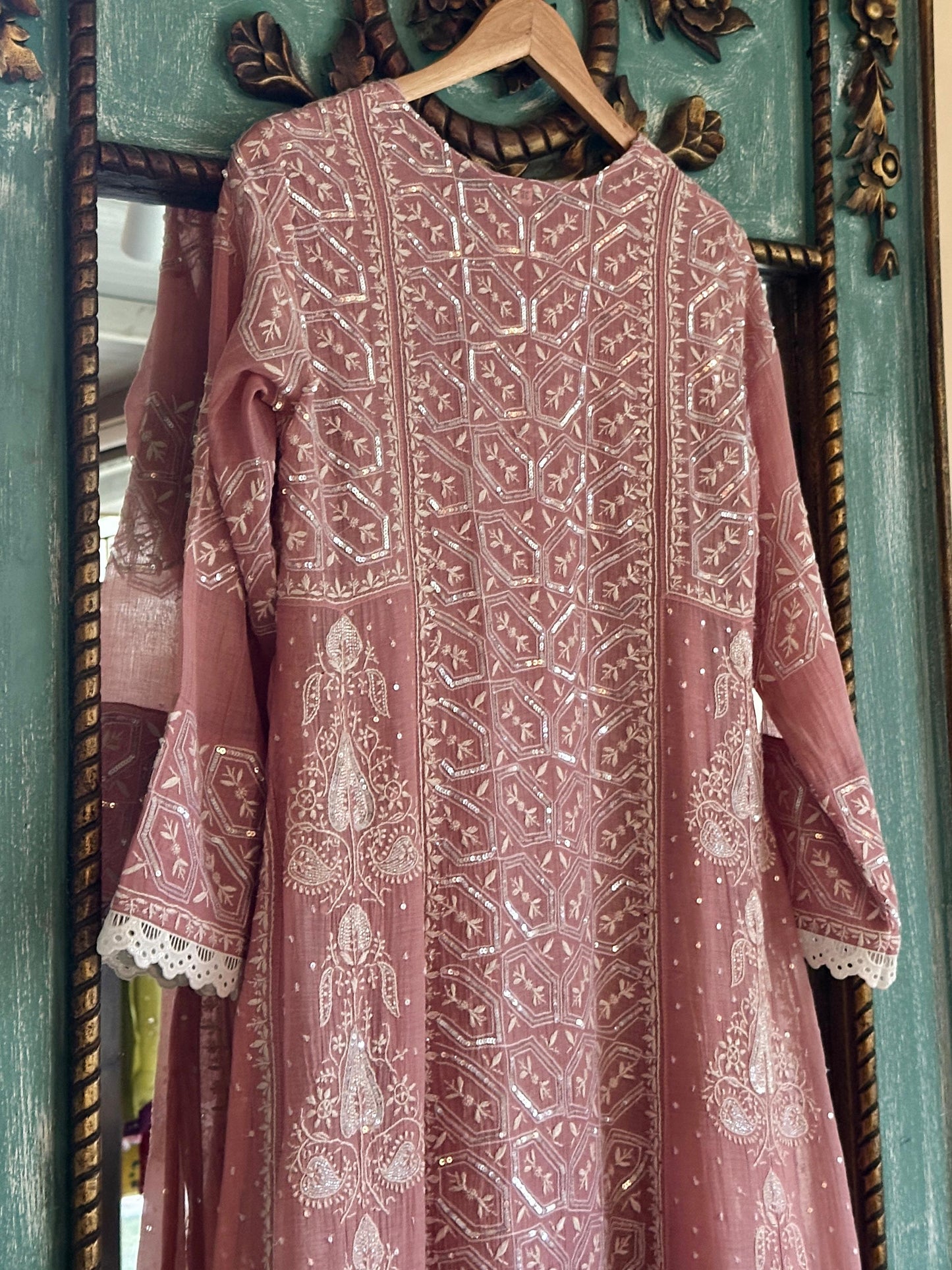 Soft Pink Mulmul Pearl White Chikankari Ready to Wear Kurta Set