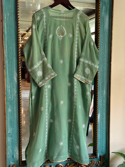 Green Shade Kota Applique Chikankari Kurta Dupatta Set