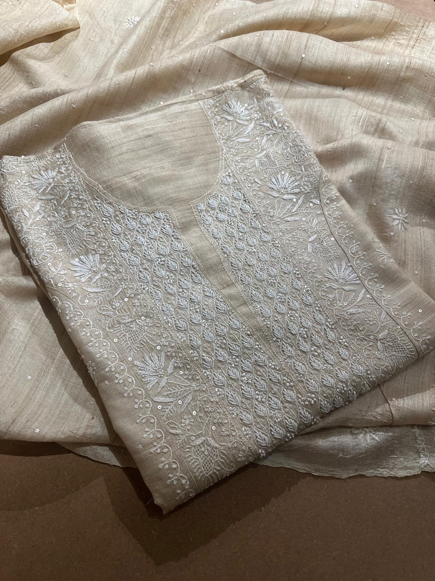 Semi Stitched Natural Shade Tussar Silk Chikankari Kurta Dupatta Sets