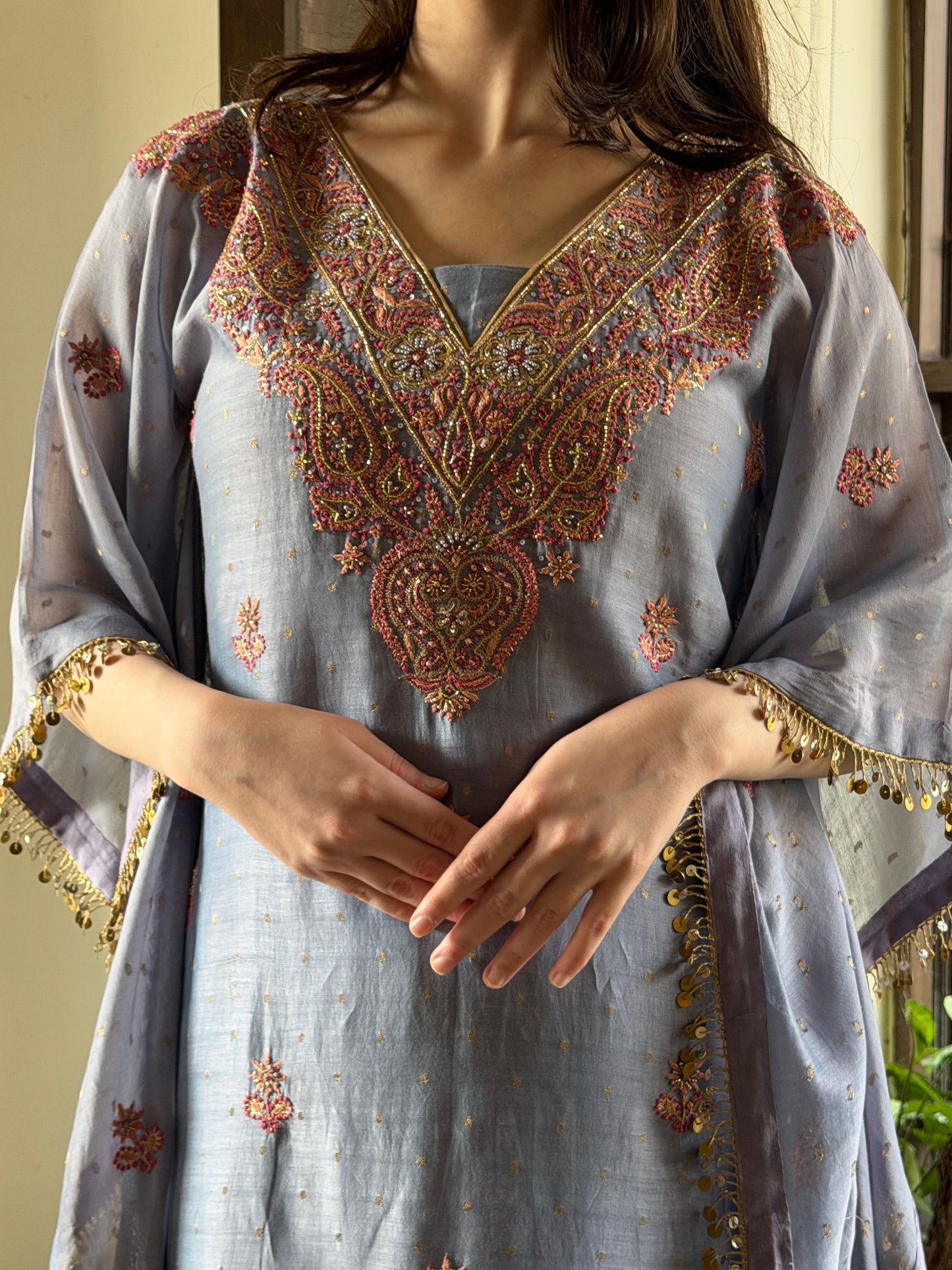 Lavender Zari Chanderi Chikankari Kaftan