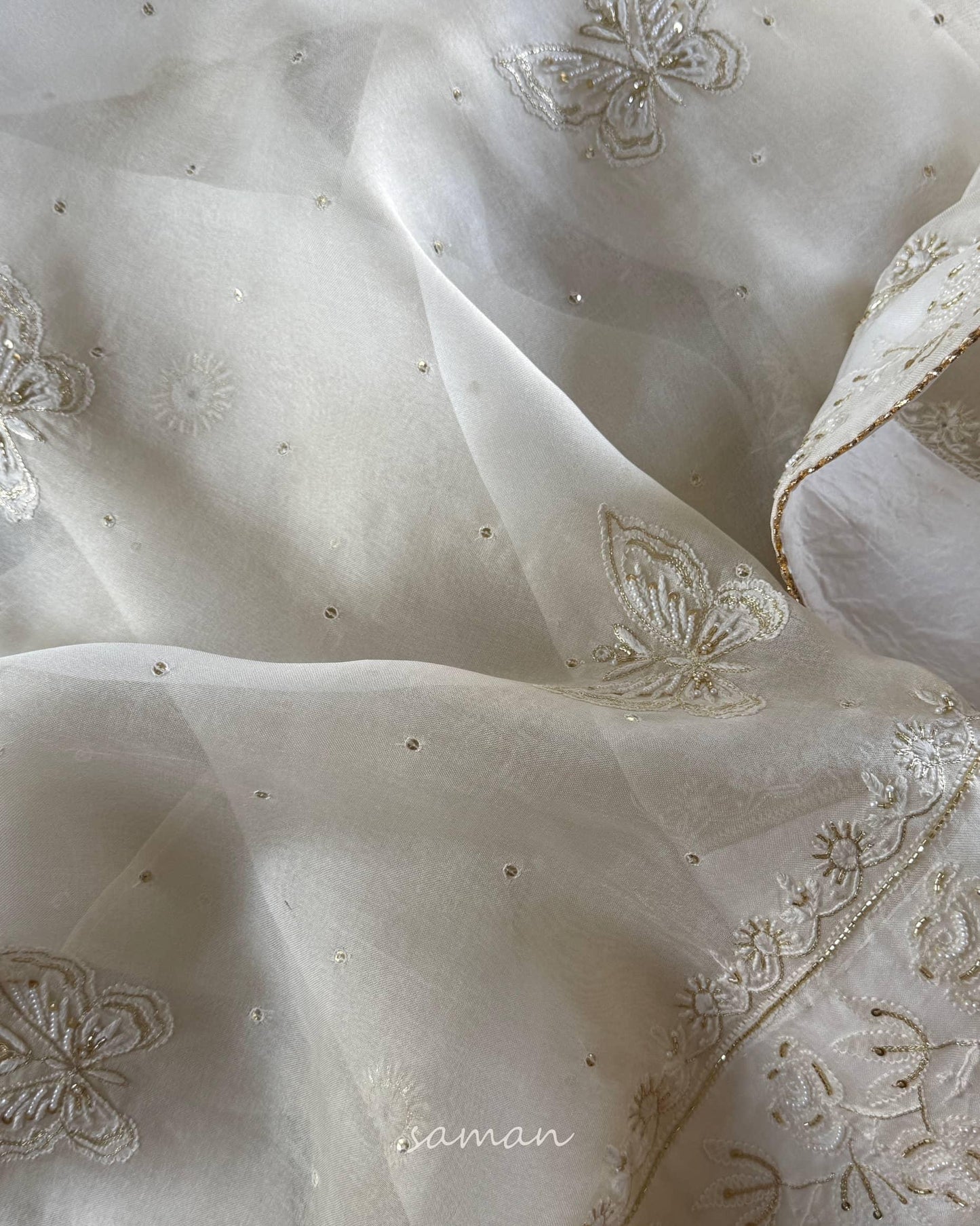 Noor Organza White Butterfly Chikankari Saree