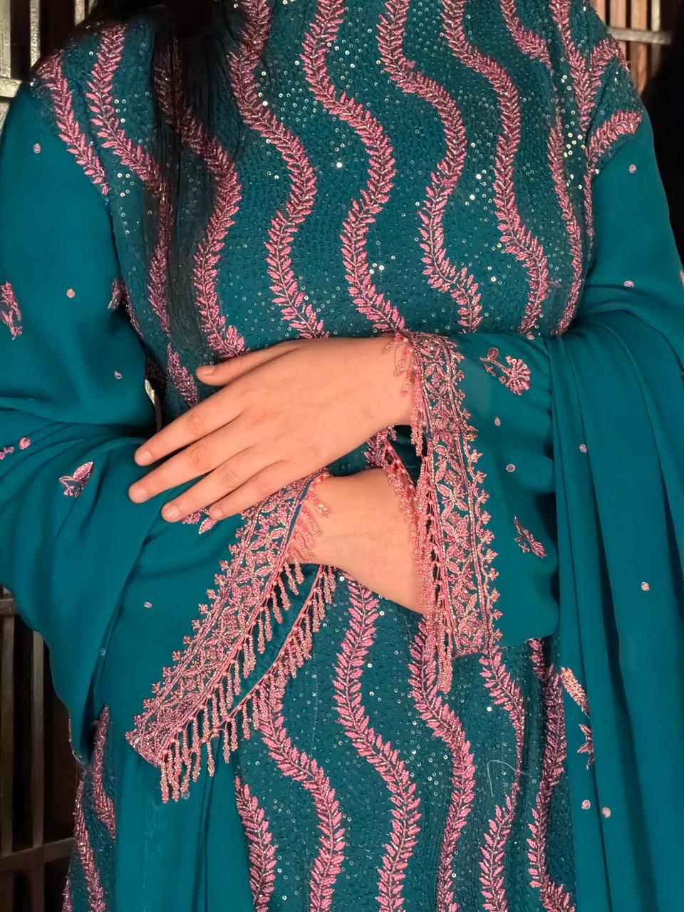 Prussian Blue Sequinned Georgette Chikankari Anarkali