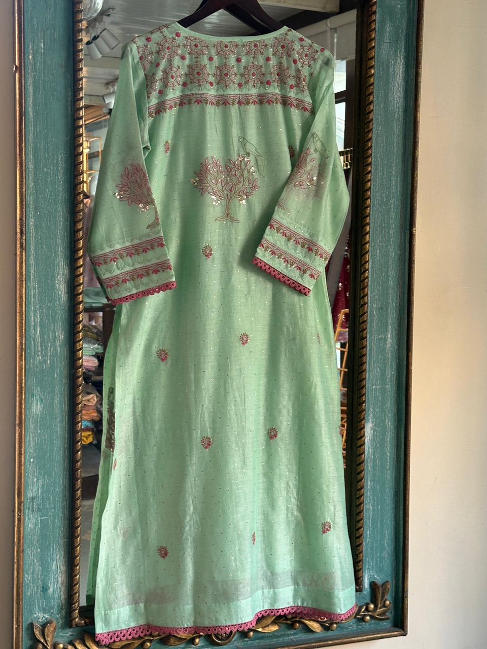Sea Green Mal Mukaish Kamdani Chikankari Kurta Dupatta Set