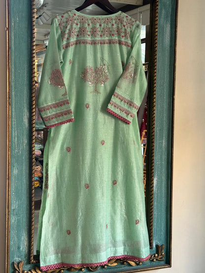 Sea Green Mal Mukaish Kamdani Chikankari Kurta Dupatta Set