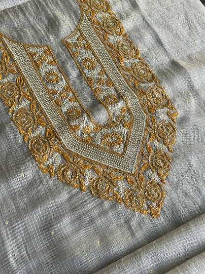 Grey & Mustard Shade Tissue Kota Chikankari Unstitched Fabric