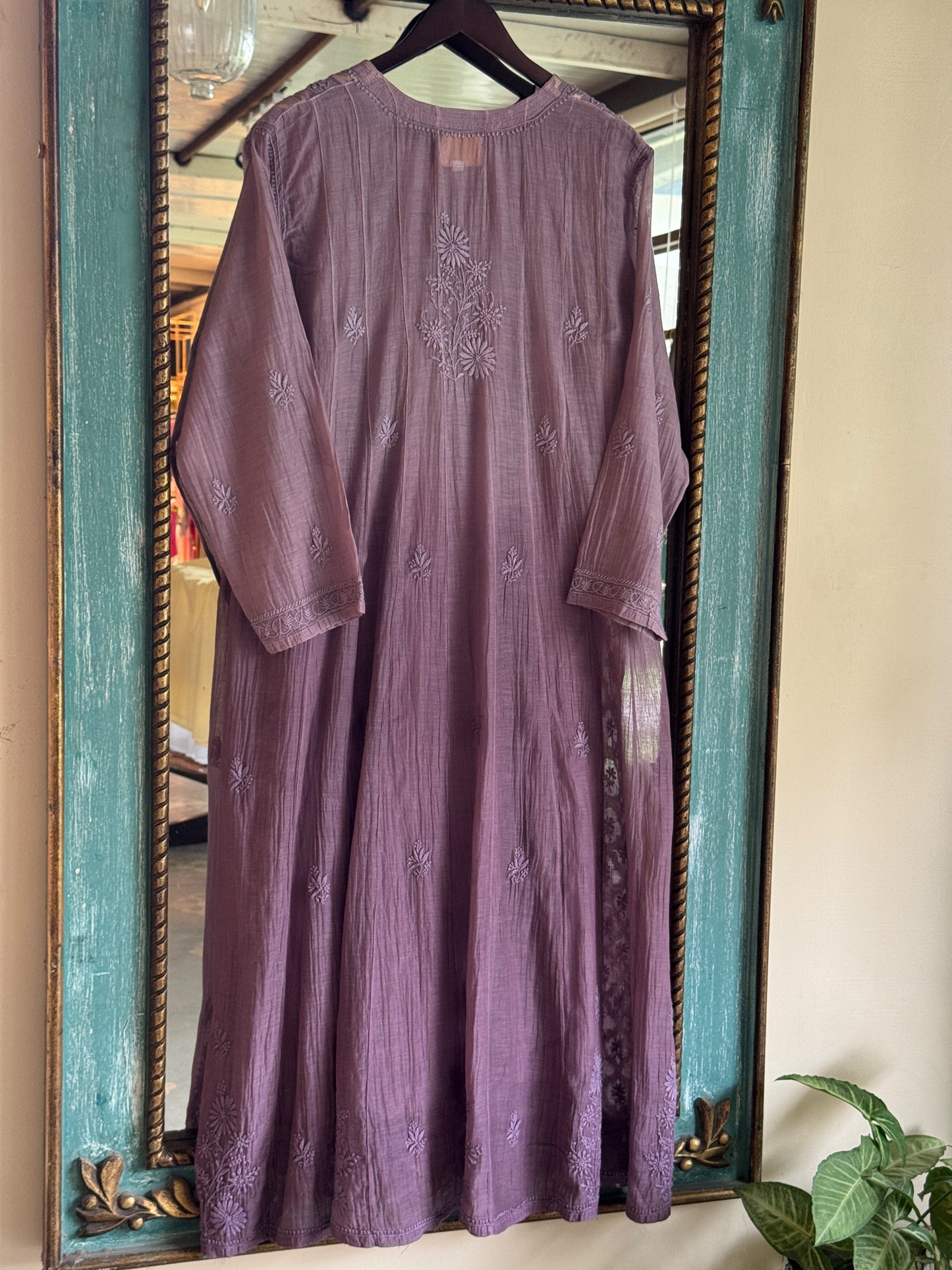 Purple Lavender Zari Chanderi Chikankari A Line Kurta with Slip