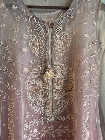 Grey & Pink Ombre Shade Noor Organza Chikankari Anarkali