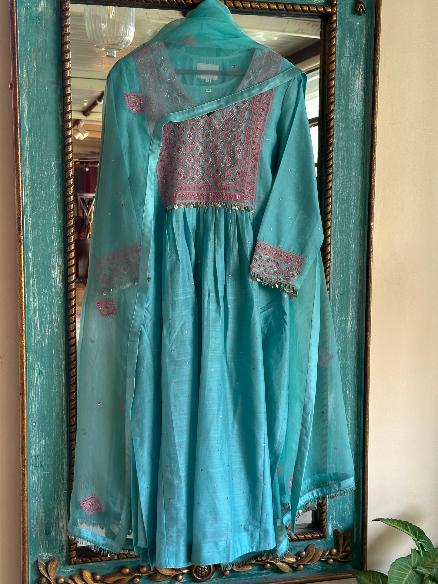 Fountain Blue Sico Chikankari Tux Style Kurta Set with Zardosi Work