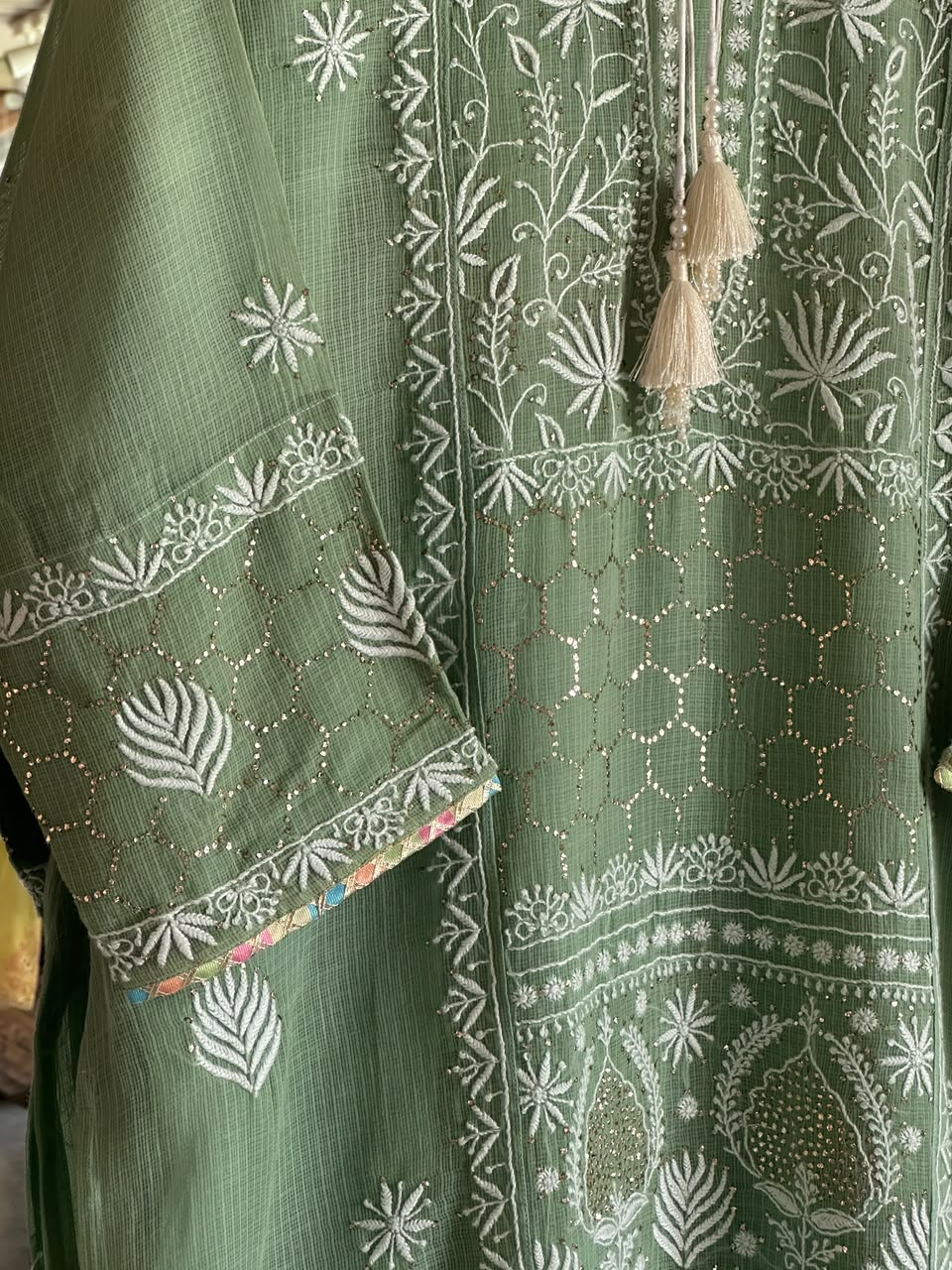 Green Shade Kota Applique Chikankari Kurta Dupatta Set