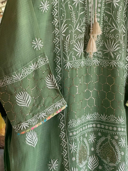 Green Shade Kota Applique Chikankari Kurta Dupatta Set