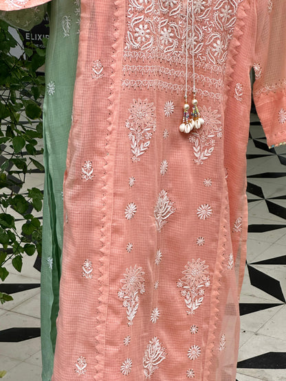 Peach Shade Kota Applique Chikankari Kurta Dupatta Set