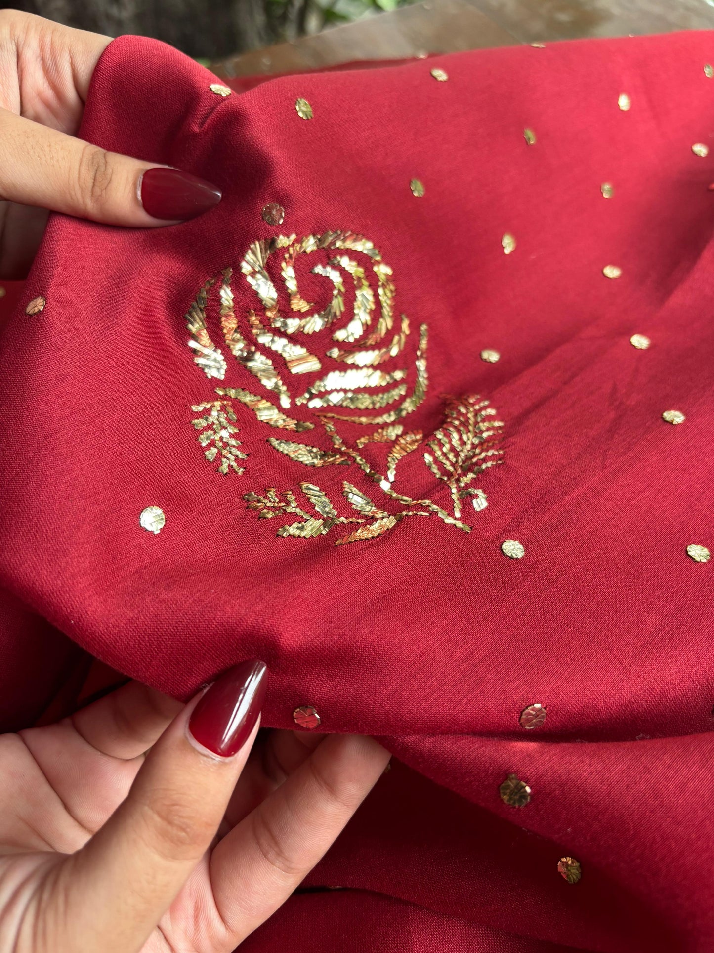 Berry Red Chanderi Silk Mukaish Badla Unstitched Fabrics
