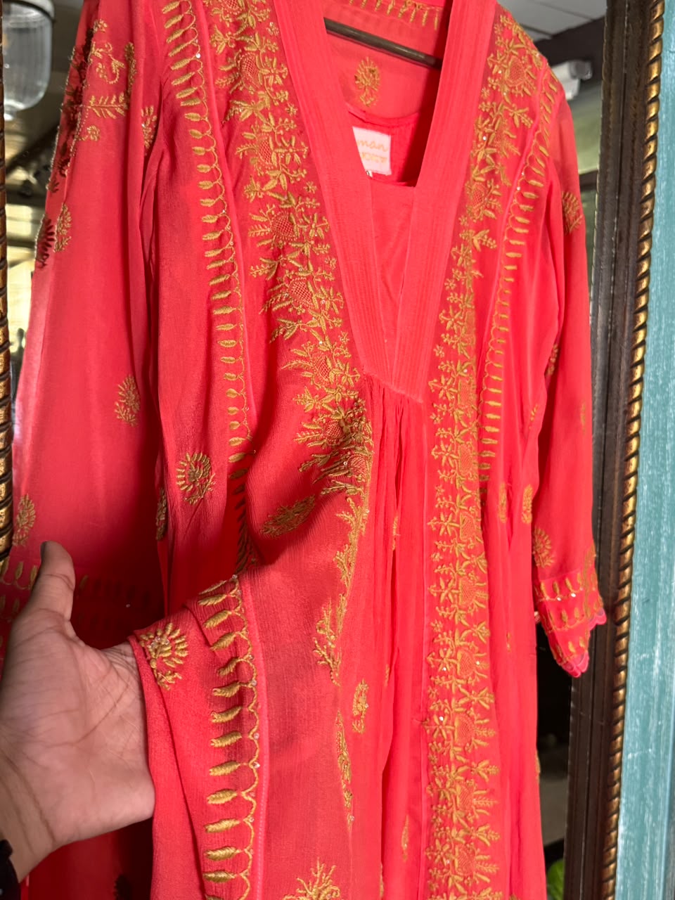 Carrot Pink Chiffon Chikankari Kurta with Lace Detailing