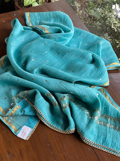Sea Green Shade Mukaish Mul Chanderi Silk Dress